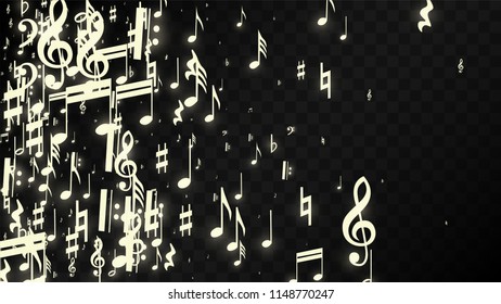 Magic Musical Notes on Black Background. Vector Luminous Musical Symbols. Many Random Falling Notes, Bass and Treble Clef.
 Magic Jazz Background.  Abstract Black and White Vector Illustration.