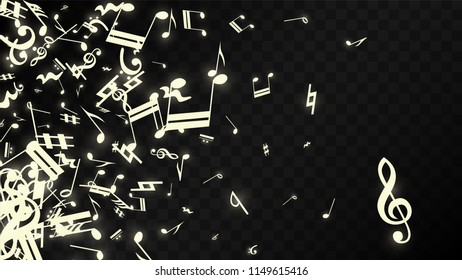Magic Musical Notes on Black Background. Vector Luminous Musical Symbols. 
 Many Random Falling Notes, Bass and Treble Clef.
 Jazz Background.  Abstract Black and White Vector Illustration.