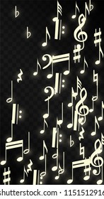 Magic Musical Notes on Black Background. Vector Luminous Musical Symbols. 
 Many Random Falling Notes, Bass and Treble Clef.
 Magic Jazz Background.  Abstract Black and White Vector Illustration.