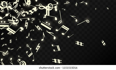 Magic Musical Notes on Black Background. Vector Luminous Musical Symbols. 
 Many Random Falling Notes, Bass and Treble Clef.
 Magic Jazz Background.  Abstract Black and White Vector Illustration.