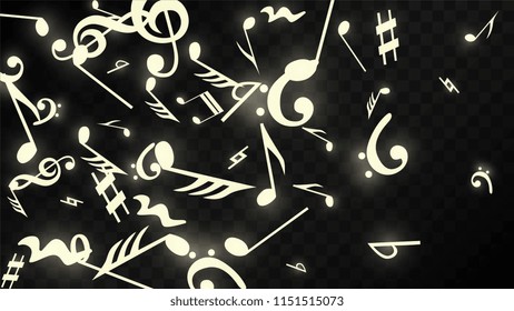 Magic Musical Notes on Black Background. Vector Luminous Musical Symbols. 
 Many Random Falling Notes, Bass and Treble Clef.
 Magic Jazz Background.  Abstract Black and White Vector Illustration.