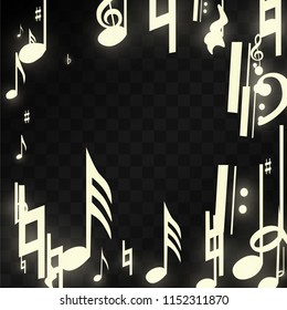 Magic Musical Notes on Black Background. Vector Luminous Musical Symbols. 
 Many Random Falling Notes, Bass and Treble Clef.
 Magic Jazz Background.  Abstract Black and White Vector Illustration.