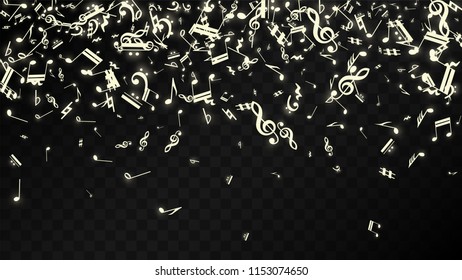 Magic Musical Notes on Black Background. Vector Luminous Musical Symbols. 
 Many Random Falling Notes, Bass and Treble Clef.
 Magic Jazz Background.  Abstract Black and White Vector Illustration.