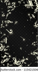 Magic Musical Notes on Black Background. Vector Luminous Musical Symbols. 
 Many Random Falling Notes, Bass and Treble Clef.
 Jazz Background.  Abstract Black and White Vector Illustration.