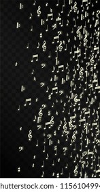 Magic Musical Notes on Black Background. Vector Luminous Musical Symbols. 
 Many Random Falling Notes, Bass and Treble Clef.
 Jazz Background.  Abstract Black and White Vector Illustration.