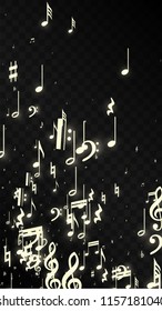 Magic Musical Notes on Black Background. Vector Luminous Musical Symbols. 
 Many Random Falling Notes, Bass and Treble Clef.
 Jazz Background.  Abstract Black and White Vector Illustration.