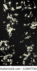 Magic Musical Notes on Black Background. Vector Luminous Musical Symbols. 
 Many Random Falling Notes, Bass and Treble Clef.
 Magic Jazz Background.  Abstract Black and White Vector Illustration.