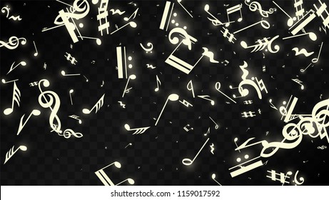 Magic Musical Notes on Black Background. Vector Luminous Musical Symbols. 
 Many Random Falling Notes, Bass and Treble Clef.
 Magic Jazz Background.  Abstract Black and White Vector Illustration.