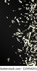 Magic Musical Notes on Black Background. Vector Luminous Musical Symbols. 
 Many Random Falling Notes, Bass and Treble Clef.
 Jazz Background.  Abstract Black and White Vector Illustration.