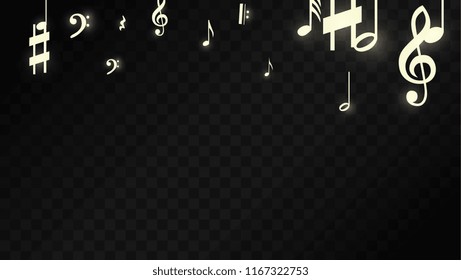 Magic Musical Notes on Black Background. Vector Luminous Musical Symbols. 
 Many Random Falling Notes, Bass and Treble Clef.
 Magic Jazz Background.  Abstract Black and White Vector Illustration.
