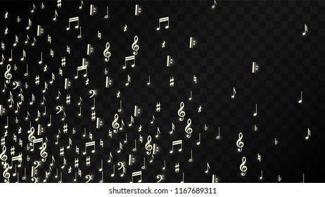 Magic Musical Notes on Black Background. Vector Luminous Musical Symbols. Many Random Falling Notes, Bass and Treble Clef.
 Magic Jazz Background.  Abstract Black and White Vector Illustration.