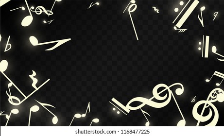 Magic Musical Notes on Black Background. Vector Luminous Musical Symbols. 
 Many Random Falling Notes, Bass and Treble Clef.
 Jazz Background.  Abstract Black and White Vector Illustration.