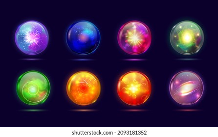 Magic Mysterious Orbs. Fantasy Glowing Balls Energy Sphere, Round Glass Crystal Magician, Effect Lightning In Globe Occult Witchcraft Fortuneteller, Vector. Illustration Of Magic Orb Fantasy