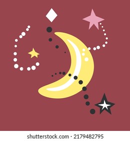 Magic and mysterious signs, isolated crescent moon with constellations and shooting stars. Astronomy and celestial bodies at night, meteorites and milky way. Lunar twinkle. Vector in flat style