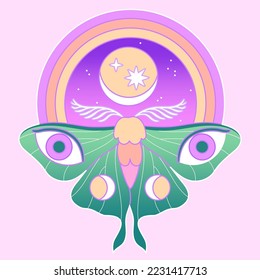 Magic mystery art concept of Luna Moth. Magical boho illustration. Moon Moth, stars, rainbow. Abstract contemporary aesthetic background.