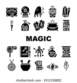 Iconos de colección de objetos de misterio mágico Set Vector. Esfera Para El Espiritismo Y Las Cartas Mágicas, Ouija Junta Para Comunicarse Con Espíritus Y Ejecuta Pictogramas De Glifo Ilustraciones Negras