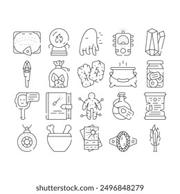 Magic Mystery Objects Collection Icons Set Vector. Sphere For Spiritism And Magic Cards, Ouija Board For Communicating With Spirits And Runes Black Contour Illustrations