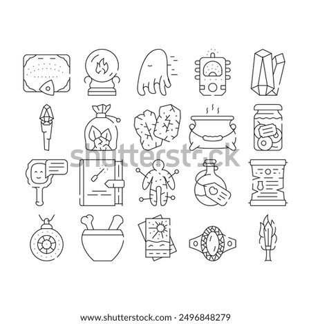 Magic Mystery Objects Collection Icons Set Vector. Sphere For Spiritism And Magic Cards, Ouija Board For Communicating With Spirits And Runes Black Contour Illustrations