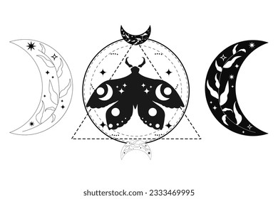 Magic mystic moth in doodle style, line art isolated, boho celestial esoteric symbol, tatoo or print