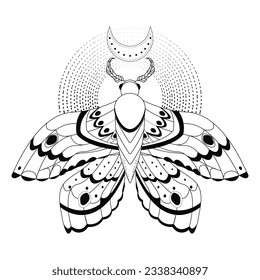 Magic mystic moth in doodle style, line art isolated, boho celestial esoteric symbol, tatoo or print