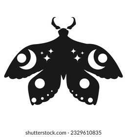Magic mystic moth silhouette with moon in doodle style, line art isolated, boho celestial esoteric symbol, tatoo or print