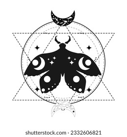 Magic mystic moth silhouette with moon in doodle style, line art isolated, boho celestial esoteric symbol, tatoo or print