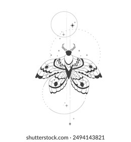 Magic mystic moth tattoo thin line in doodle style, Elegant celestial isolated, boho esoteric symbol, Buterfly with staers and moon 