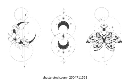 Magic mystic set moth tattoo thin line in doodle style moon and flowers tattoo, Elegant celestial isolated, boho esoteric symbol, Buterfly with stars and moon 