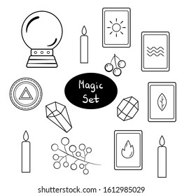 Magic and mystic set on white isolated background. Glass globe, tarot card (sun, water, fire, earth), crystal, coin, candles, branch, berry.