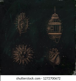 Magic and mystic signs and symbols hand, bird cage, sun, heart drawing on dark green background
