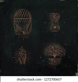 Magic and mystic signs and symbols hot air balloon, hourglass, hand, tree of life drawing on dark green background