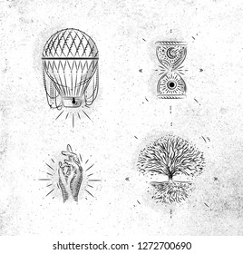 Magic and mystic signs and symbols hot air balloon, hourglass, hand, tree of life drawing on dirty paper background