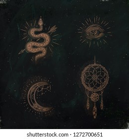 Magic and mystic signs and symbols snake, eye, moon, dreamcatcher drawing on dark green background