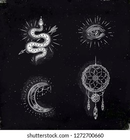 Magic and mystic signs and symbols snake, eye, moon, dreamcatcher drawing with chalk on chalkboard