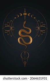 Magic mystic Snake, Moon Phases. Sacred geometry, gold luxury pagan Wiccan goddess symbol. Old golden wicca banner sign, Lotus flowers energy circle, boho style, vector isolated on black background