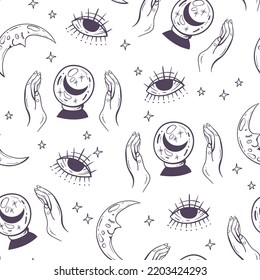 Magic Mystic Spiritual Alchemy Witch Magic Esoteric Seamless Pattern Concept. Vector Graphic Design Element Illustration
