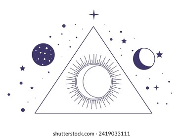 Mágica y símbolos místicos. Línea triangular aislada con estrellas y rayos, luna llena y creciente con estrellas y cuerpos celestes. El ocultismo y el diseño de brujería para la composición. Vector de estilo plano