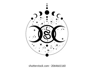 Magic Mystic Triple Moon And Snake, Moon Phases. Sacred Geometry, Celestial Pagan Wiccan Goddess Symbol. Cosmic Scene Wicca Banner Sign, Energy Circle, Boho Style, Vector Isolatedon White Background 