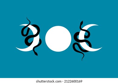 Magic mystic Triple Moon and Snakes, Moon Phases. Sacred geometry, celestial pagan Wiccan goddess symbol. Crescent moon wicca banner sign, energy circle, boho style, vector isolated on blue background