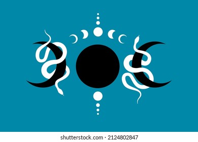 Magic mystic Triple Moon and Snakes, Moon Phases. Sacred geometry, celestial pagan Wiccan goddess symbol. Crescent moon wicca banner sign, energy circle, boho style, vector isolated on blue background