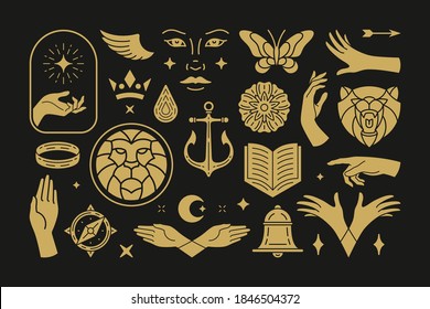 Magic and mystic vector design elements set with female hands gestures. Hand drawn silhouettes, spiritual stickers collection. Witchcraft symbols for greeting cards, esoteric logo or poster