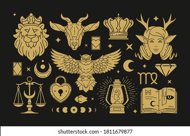 Magic mystical and celestial vector design elements set with zodiac icons. Hand drawn silhouettes, spiritual stickers collection. Astrology symbols for greeting card, esoteric logo or poster