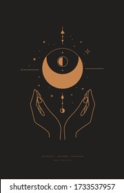 Composición mágica mística con la media luna, las estrellas y el fondo oscuro. Estilo boho y esotérica. Magia étnica y símbolos astrológicos. Ilustración vectorial.