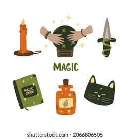 Magic, mystical elements. Items for fortune telling and magic. Trendy vector illustration in hand drawn cartoon style. Isolated on white background.