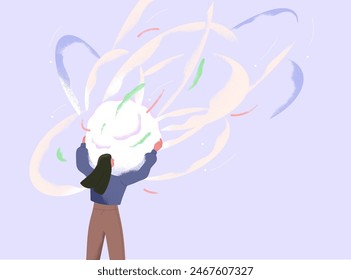 Magic mystical energy concept. Woman holding light orb, wonder sphere. Surreal power ball. Esoteric discovery, insight, mystery, dream in hands. Abstract psychology concept. Flat vector illustration