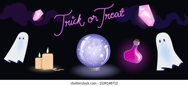 Magic mystical ghosts crystal ball potions candles halloween enchanted spooky banner objects with trick or treat neon style pink purple text greeting handwritten on spooky sparkling cute illustration
