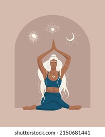 Magic mystical girl in yoga pose vector illustration. Goddess of nature print.