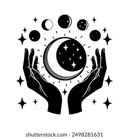 Magic mystical hands moon star hand drawn isolated vector illustration. Boho background design for print card paper logo sign