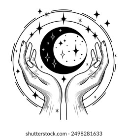 Magic mystical hands moon star hand drawn isolated vector illustration. Boho background design for print card paper logo sign