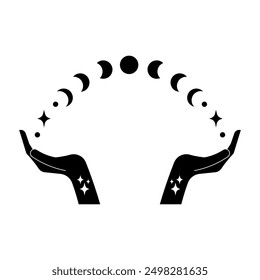 Magic mystical hands moon star hand drawn isolated vector illustration. Boho background design for print card paper logo sign